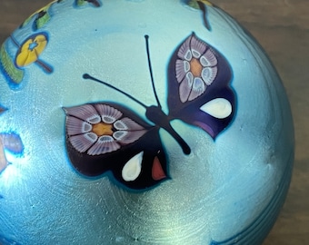 Vintage Orient & Flume Iridescent Floral Art Glass Paperweight Dated 1977 Stunning with Butterfly and Flowers