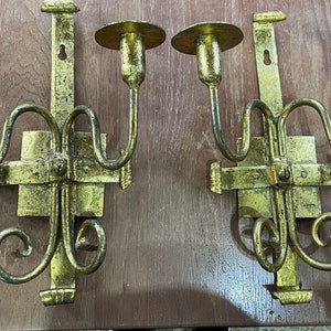 Huge Antique Wrought Iron Gothic Candle Wall Sconces Pair 2 Painted Gold