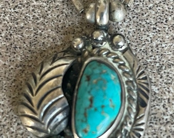 Vintage Native American Sterling Silver Turquoise Necklace with Sterling Long Beads