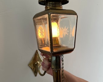 Unique Large Antique Wall Hanging Brass Carriage Lamp wired and Works Etched Glass Bird on Top