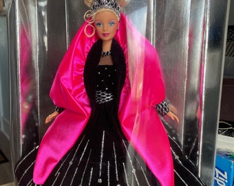 Vintage 1998 Special Edition "Happy Holidays" Barbie Doll Stunning Black and Pink Dress with Silver Accents