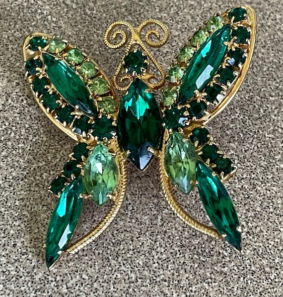 Stunning Green Rhinestone Butterfly Brooch Pin - image 1