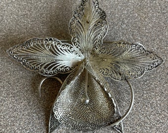 Large Antique Vintage Sterling Silver Filagree Orchid Brooch Pin Marked 925 Stunning Statement Piece