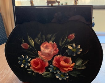 Beautiful Vintage Claire Fashions Hand Painted Roses Top Handle Purse