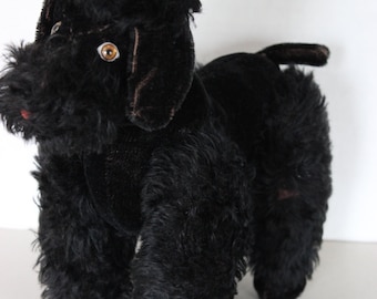 Fully Jointed Large 1940&#39;s Steiff Like Black Mohair Poodle Dog with Glass Eyes  13&quot; Long