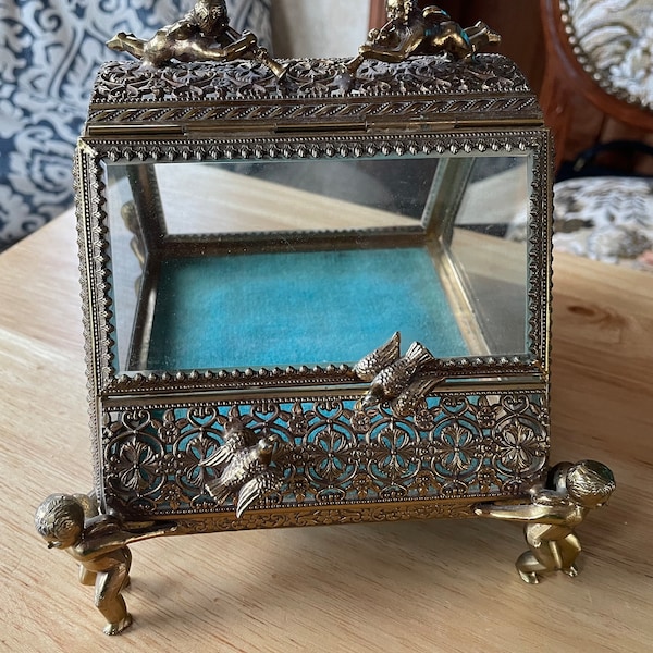 Beautiful Ornate Gold Gilt Ormolu Vanity Casket Jewelry Box w Cherubs and Birds