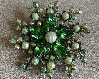 Stunning Huge Green Rhinestone and Baroque Pearls Miriam Haskell Style Green Baroque Pearls Large Starburst Brooch Pin Aurora Rhinestones