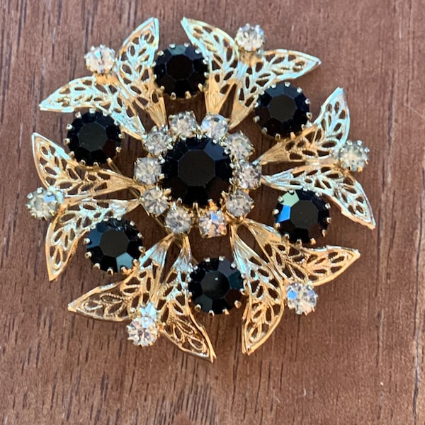 Beautiful Gold Black and White Rhinestone Brooch Pin Signed Celebrity NY