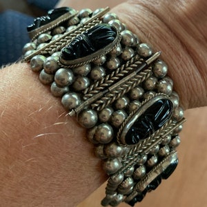 Vintage Taxco Mexico Sterling Silver Bracelet with Carved Onyx Stones