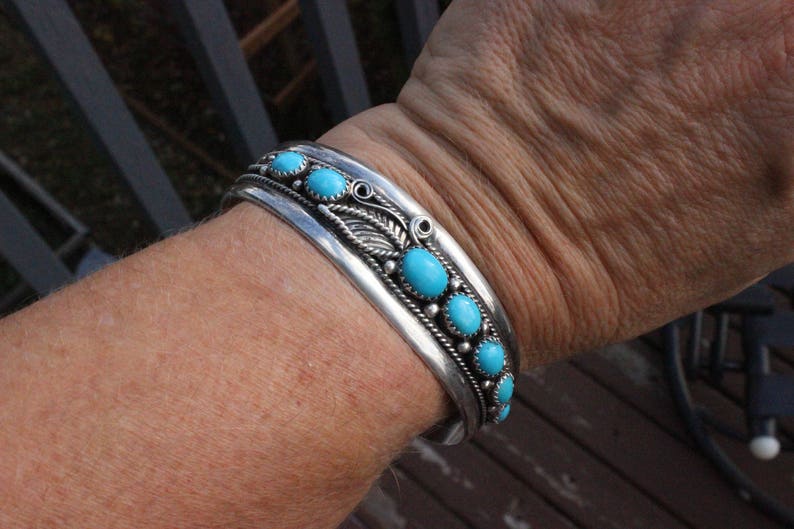 Vintage Native American Turquoise and Sterling Silver Cuff Bracelet Turquoise Signed J
