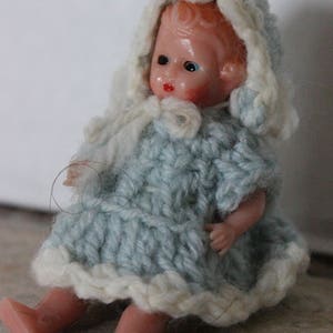 Vintage Miniature 3&quot; Plastic Baby Doll w Sleep Eyes Made in Italy Crocheted Blue Clothes