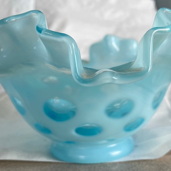 Vintage Baby Blue Fenton Coin Dot Ruffle Bowl Glassware