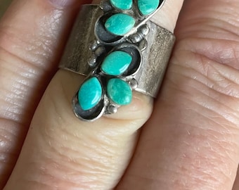 Wide Band Vintage Native American Indian Turquoise Sterling Silver Ring Artist Signed