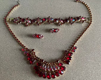 Stunning Vintage Red and Pink Watermelon Rhinestone Necklace Bracelet and Clip Earrings Set