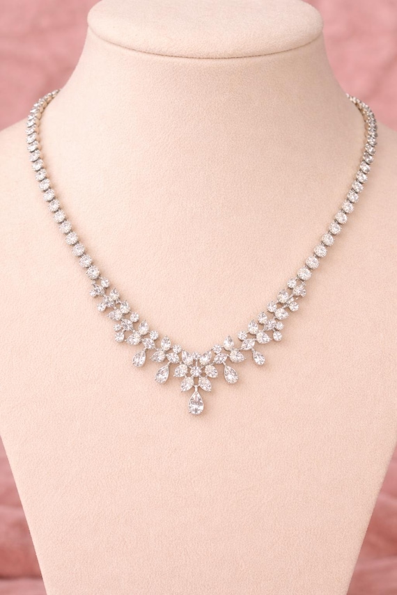 27.76 Ct Real Diamond Leafy Necklace, 18K White Gold, Marquise Pear Round Bridal Statement