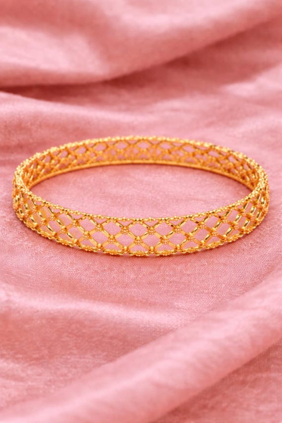 22K Gold Lattice Cuff Bangle, Open Design Lightweight Elegant Jewelry