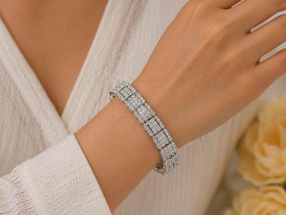 18K White Gold 9.99CTW Diamond Bracelet, Round & Baguette Fancy Link Jewelry