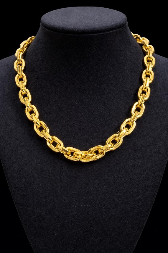 22K Yellow Gold Dubai Link Chain Necklace, Handmade Heavy Men's Statement Jewelry