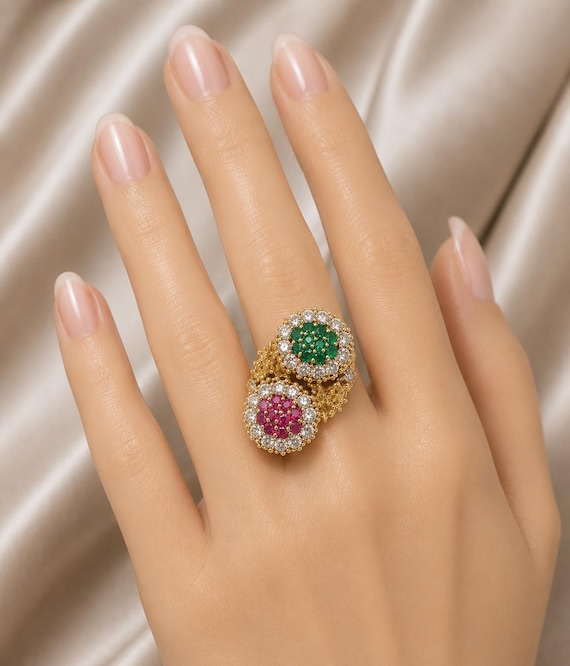 18K Solid Yellow Gold Emerald Ruby Diamond Cluster Ring, Vintage Statement Jewelry