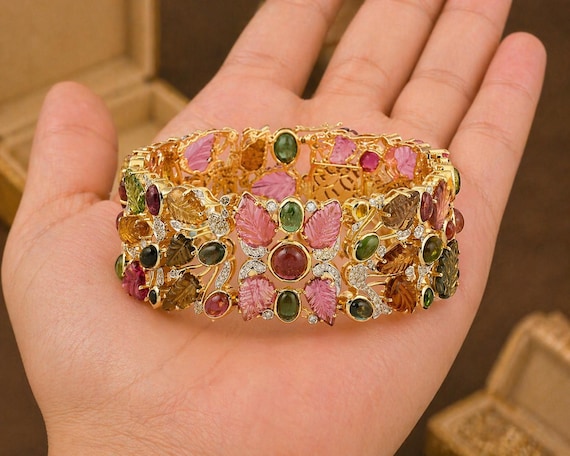 22K Gold Multi-Tourmaline Diamond Cuff Bracelet, Statement Gemstone Jewelry