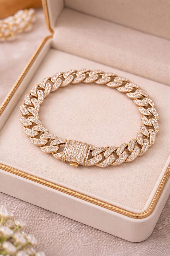 14K Gold Pave Diamond Cuban Link Bracelet, 8.90 Ct Round Iced Out Chain