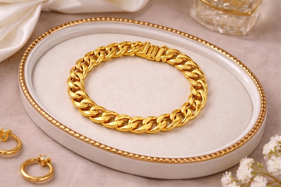 22K Solid Yellow Gold Curb Link Bracelet, 11mm Heavy Cuban Chain, 9 Inch Men's Jewelry