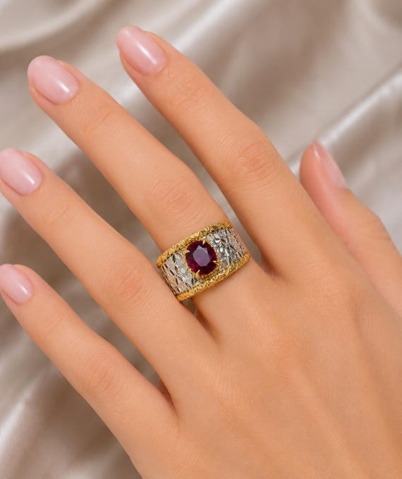 GIA Certified 18K Gold Ruby Diamond Statement Ring 1.45CT Vintage Style