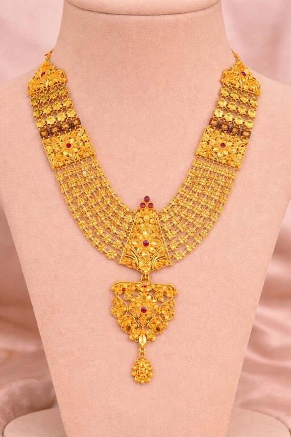 22K Gold Chandan Haar Necklace, Dubai Handmade Traditional Indian Bridal Statement