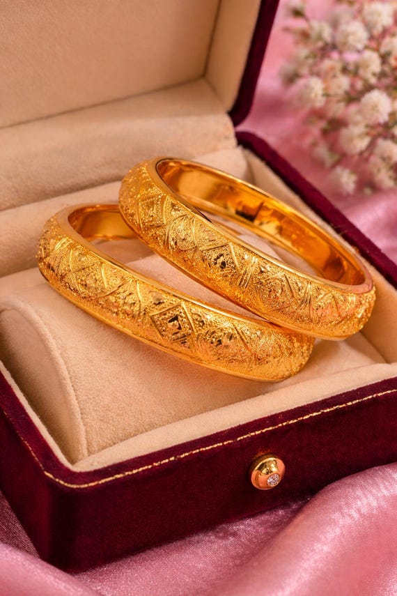22K Yellow Gold Wide Bangle Bracelet, Traditional Elegant Wedding Jewelry