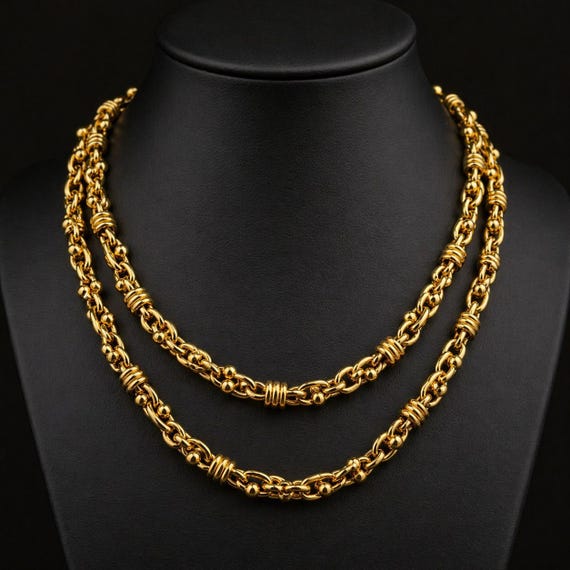 24K Yellow Gold Open Link Chain Necklace, Bead Ball Wrap, 30 Inch Statement Jewelry
