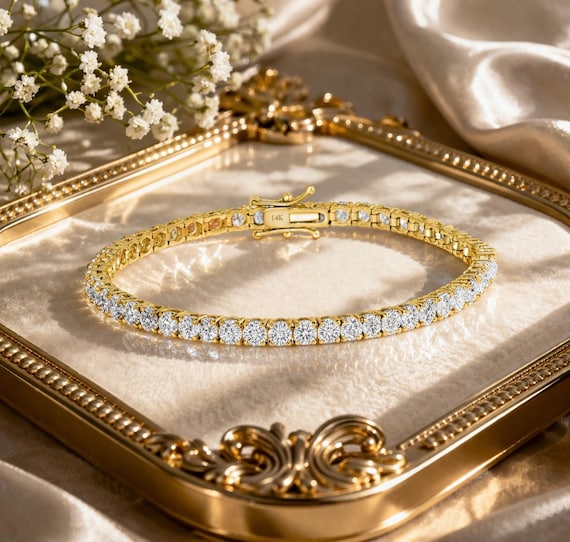 20 Ct Lab Grown Diamond Tennis Bracelet, 14K Yellow Gold, Round Cut, 7 Inch