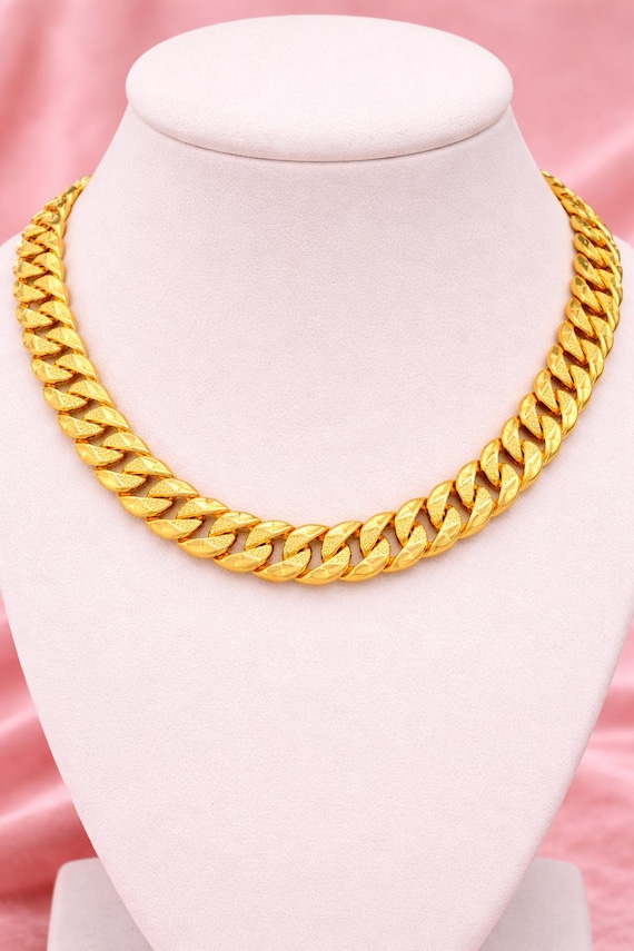 22K Yellow Gold Cuban Link Chain Necklace, High Polish Wide Statement, Unisex Luxury