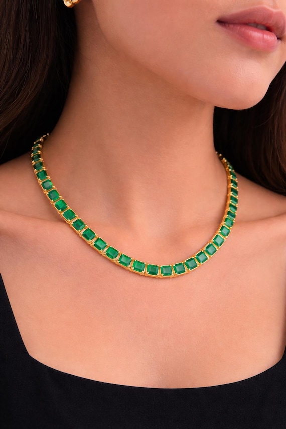 22.90 Ct Zambian Emerald Tennis Necklace, 18K Yellow Gold, Square Cut Gemstone Jewelry