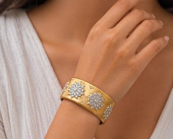 22KT Gold Diamond Open Work Bangle, Italian Florentine Finish Bracelet