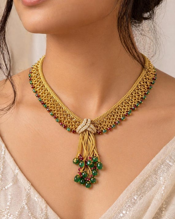 22K Gold Emerald Ruby Tassel Necklace, Natural Diamond Pendant, Indian Bridal Statement Jewelry