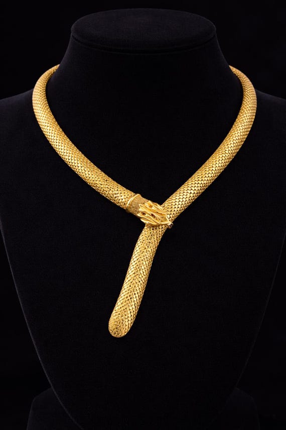 22K Yellow Gold Snake Necklace, Flexible Gold Mesh Chain, Real 916 Gold Statement Necklace, Handmade Snake Design Jewelry, Luxury Y Shape