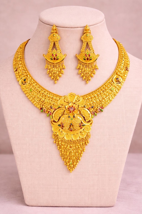 22K Solid Gold Necklace Earrings Set, Heavy Traditional Indian Bridal Jewelry