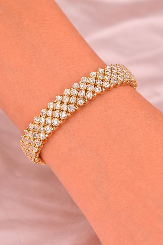 14K Yellow Gold Round Cut Natural Diamond Tennis Bracelet, Classic Elegant Jewelry
