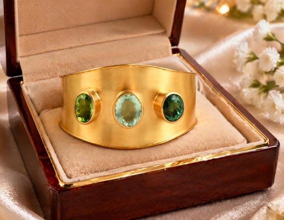 18K Gold Oval Tourmaline Cuff Bangle, Solid Yellow Gold Gemstone Bracelet