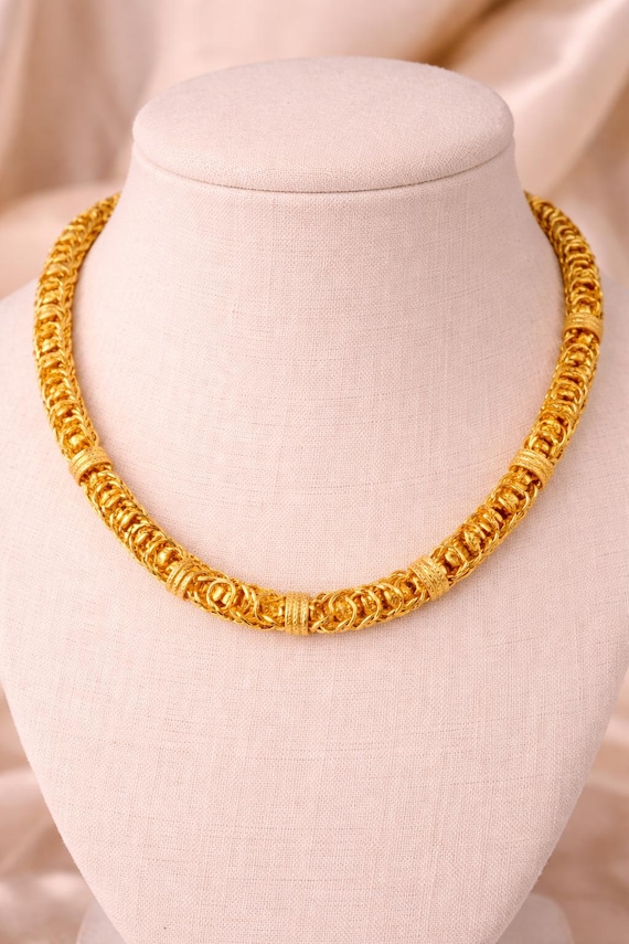 22KT Solid Yellow Gold Byzantine Chain Necklace, 24 Inch Handmade Unisex Jewelry