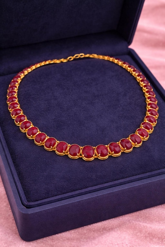 22K Yellow Gold Ruby Cabochon Necklace, Indian Graduated Traditional Jewelry