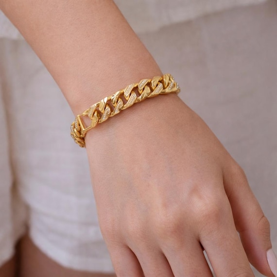 22K Solid Gold Diamond-Cut Cuban Link Bracelet, Heavy Yellow Chain Jewelry