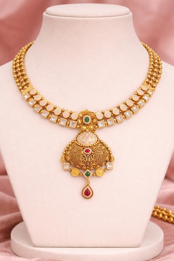 22K Gold Traditional Bridal Necklace Set, Antique Finish Indian Wedding Jewelry