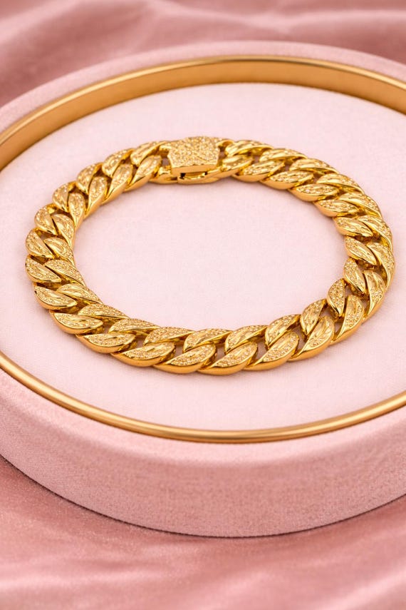 22K Solid Gold Cuban Link Bracelet, Laser Cut Men's 8 Inch Yellow Gold Chain