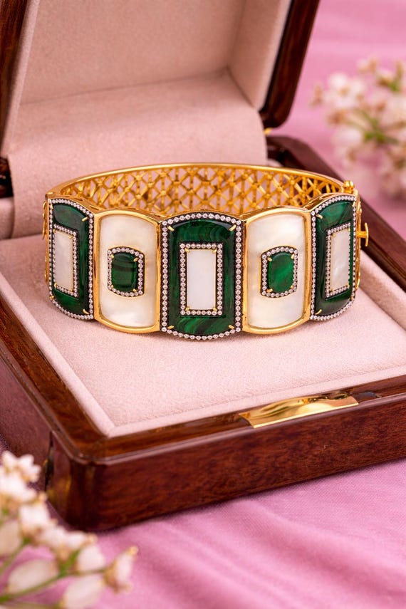 18K Yellow Gold Diamond Mother of Pearl Bangle Bracelet, Luxury Cuff Statement Jewelry