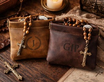 Personalized Leather Rosary Pouch, Handcrafted Vintage Prayer Beads Case, First Communion Confirmation Gift, Catholic Christian Gift