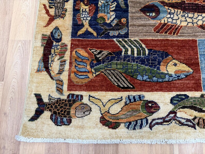 Multicolor Fish Design Rug, Hand-knotted Sea Animal Afghan Wool Carpet ...