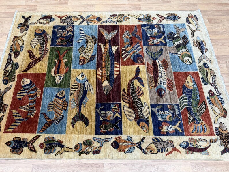 Multicolor Fish Design Rug, Hand-knotted Sea Animal Afghan Wool Carpet ...
