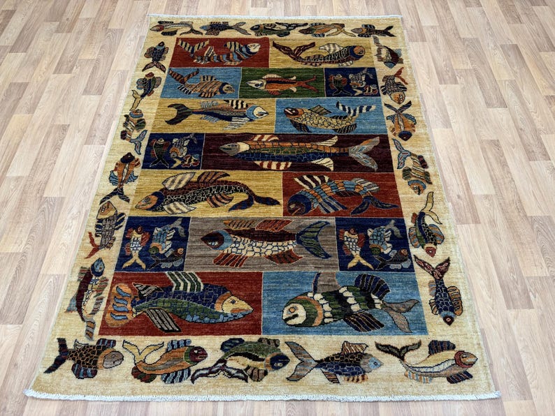 Multicolor Fish Design Rug, Hand-knotted Sea Animal Afghan Wool Carpet ...