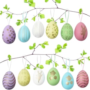 May include: A collection of Easter egg ornaments in various colors, including purple, blue, white, yellow, green, and pink. Each egg features unique gold designs such as dots, stripes, and animal silhouettes. The eggs are suspended from branches with green leaves.